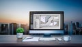 Web design concept with computer display, web theme and drawings of website, app parts. Modern design web page on computer display Royalty Free Stock Photo