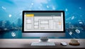 Web design concept with computer display, web theme and drawings of website, app parts. Modern design web page on computer display Royalty Free Stock Photo