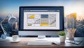 Web design concept with computer display, web theme and drawings of website, app parts. Modern design web page on computer display Royalty Free Stock Photo