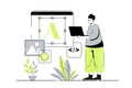 Web design concept with flat cartoon people for website design. Man creating responsive site layouts, adding videos