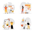 Web design concept with flat character set. Collection of scenes people working with page layouts, selecting colors and types, Royalty Free Stock Photo