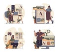 Web design concept scenes set in flat design. People in situations of building wireframe layout, filling with different