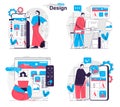 Web design concept set. Developers create page layout, place graphics and content. People isolated scenes in flat design. Vector Royalty Free Stock Photo