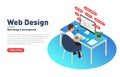 Web design and development concept. Web designer is working on computer. Designer, programmer and modern workplace in isometric pr