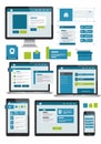 Web design is showcased on various devices: a desktop monitor, Royalty Free Stock Photo