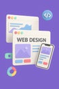 Web design elements like code, a mobile interface, charts, and browser windows. Visual representation of website development Royalty Free Stock Photo