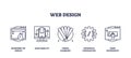 Web design icons outline the blueprint of design, adaptability, and...