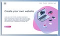 Web Design Landing Page Template. Create your own website. Isomertic vector illustration of workplace with laptop, phone
