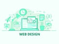 Web design monochrome green flat line vector illustration. Programming work concept