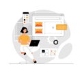 Web design studio, site development company. Web designer build user friendly interface. Illustration with people