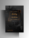 Design template wedding invitation. Hand painted floral texture elements with golden frames on a black background. Vector Royalty Free Stock Photo