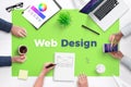 Web design text on office desk. Concept of web development team work space