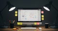 Web Design Wireframe on Computer with Sticky Notes and Desk Lamps