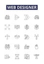 Web designer line vector icons and signs. Designer, CSS, HTML, Javascript, UX, UI, Markup, Layout outline vector