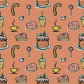 Desserts seamless pattern on a pink background. Hand drawn vector doodle