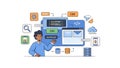 Web Developer Character with Programming Languages HTML CSS JavaScript and Cloud Technology Illustration Royalty Free Stock Photo