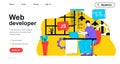 Web developer concept for landing page template. Designer develops site layout and writes code. Online page development people