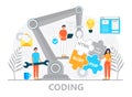 Web developer concept vector for landing page. Programmer constructs website using crane and writes code. Software Royalty Free Stock Photo