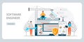 Web developer concept vector for landing page. Programmer constructs website using crane and writes code. Software