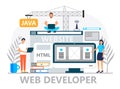 Web developer concept vector for landing page. Programmer constructs website using crane and writes code. Software Royalty Free Stock Photo