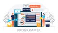 Web developer concept vector for landing page. Programmer constructs website and writes code. Software engineer working Royalty Free Stock Photo