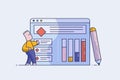 Web developer or designer is working on creating a site interface. Concept draw UI, UX. Line style vector illustration. Royalty Free Stock Photo