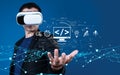 Futuristic Web Developer Using Virtual Reality Technology for Programming and Coding Solutions with Digital Interface Royalty Free Stock Photo