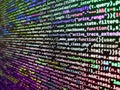 Web developer programmer monitor screen display. Digital abstract bits data stream, cyber pattern digital background. HTML5 in Royalty Free Stock Photo