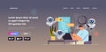 web developer with robots creating program code development of software and programming artificial intelligence Royalty Free Stock Photo