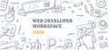 Web Developer Workspace Doodle Background Concept