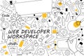 Web developer workspace doodle set