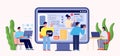 Web developers and users. Programmers create site page and design. Man and woman using internet services. Cloud workers