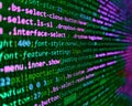 Web development code: CSS/SASS styles preprocessor script lines. Web developer HTML code with CSS on screen. Tensorflow AI concept Royalty Free Stock Photo