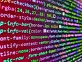 Web development code: CSSSASS styles preprocessor script lines. HTML5 in editor for website development. Programmer working in a
