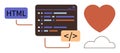 Web Development Concept with Code Snippet, HTML Tag, Heart Symbol, and Cloud in Minimalist Style Royalty Free Stock Photo