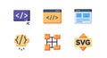 Web development and coding icons including programming language symbols website design code editor browser window and file Royalty Free Stock Photo