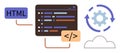 Web Development and Coding Process Concept with Programming Interface, Code Tags, and Cloud Integration Royalty Free Stock Photo