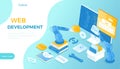 Web development. Coding website application and Software engineering. Program code on the monitor screen. Isometric vector illustr Royalty Free Stock Photo