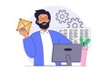 Web development concept with cartoon people in flat design. Man programming applications and coding page interfaces Royalty Free Stock Photo