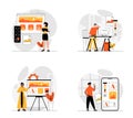 Web development concept with character set. Collection of scenes people prototyping and coding web page layouts or mobile app Royalty Free Stock Photo