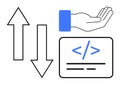 Web Development Concept with Coding Symbol, Hand Offering Support, and Arrow Icons Royalty Free Stock Photo