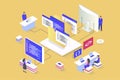 Web development concept in 3d isometric design. Designers prototyping and coding, working on ui ux for mobile apps and pages Royalty Free Stock Photo