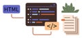 Web Development Concept with HTML Code Editor and Document Elements Royalty Free Stock Photo