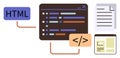 Web Development Concept with HTML, Code Editor, and Web Page Elements Royalty Free Stock Photo
