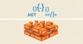 Web development concept with HTML CSS JavaScript code blocks stacked in orange pyramid on white background with NET branding Royalty Free Stock Photo