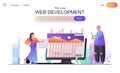 Web development concept for landing page. Man and woman developers create website layout, place graphic elements, ui design banner Royalty Free Stock Photo