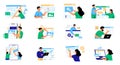 Web development concept. Modern characters creating mobile web page, software developers working on corporate UI, code
