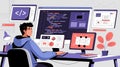 Web development concept with programmer engineering and coding website on augmented reality interface screens. Developer engi... Royalty Free Stock Photo
