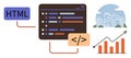 Web Development Concepts with Coding Screen, HTML Tag, Graph, and Modern Architecture Royalty Free Stock Photo