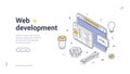 Web development elements featuring coding, tools, and icons isometric line art web banner Royalty Free Stock Photo